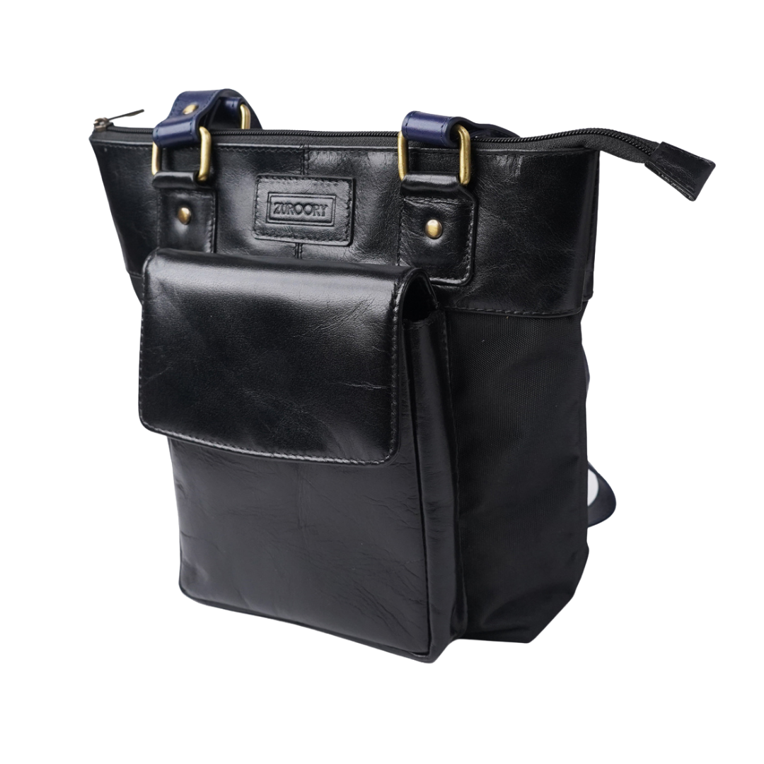 The Handbag - Finished Leather in black with blue handle